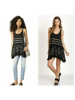 Free People Black Mini dots and Gray Lace-Trim Mini Dress